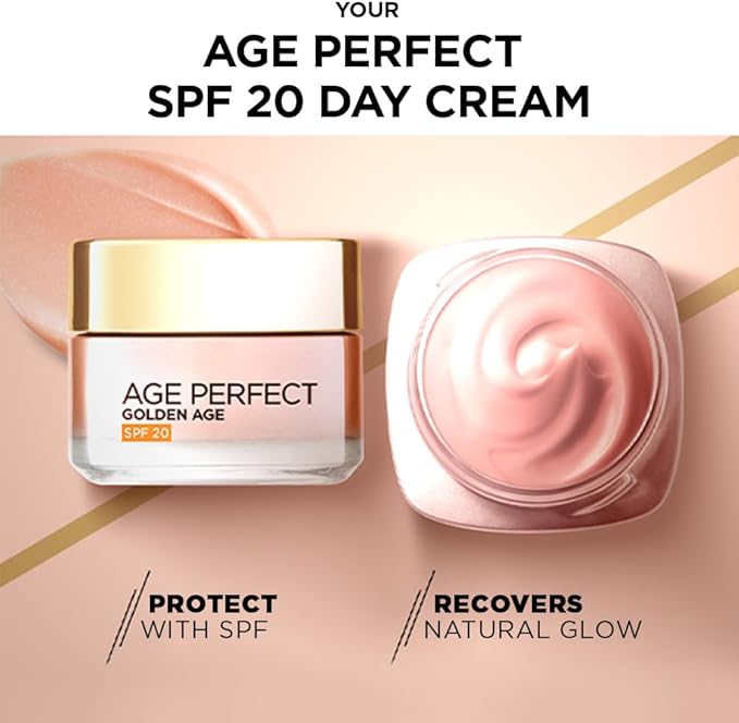 L’Oréal Paris Age Perfect Golden Age Glowy Fortifying Rosy SPF 20 Day Cream 50+, Moisturise and Reactivates Radiance with UV Protection, Peony Native Cells, Calcium and Vitamin B3, 50ml