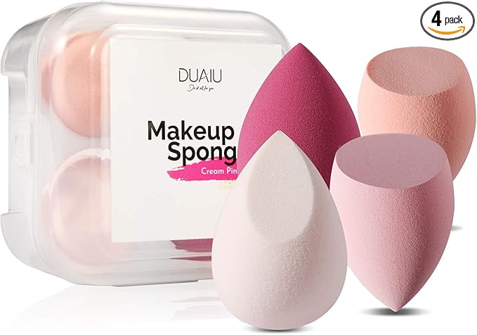 DUAIU 4 Pack Beauty Blender Foundation Sponges Set 4 Color, Latex Free with 1 Sponge Holder Case for Liquid Foundation Powder Sunscreen and Cream