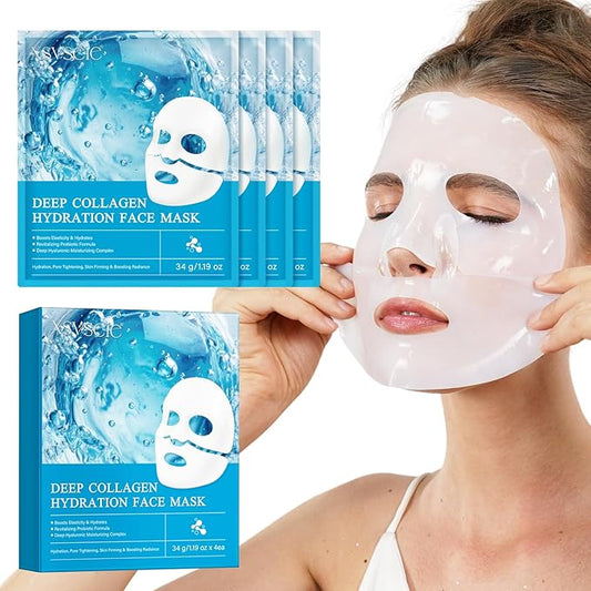 Collagen Face Mask with Deep Hydration,Bio Collagen Face Mask，Collagen Mask Overnight, Moisturizing and Water-Locking Properties, Brightens Skin Tone,Anti-aging Effect and Minimizes Pores-4 Pack