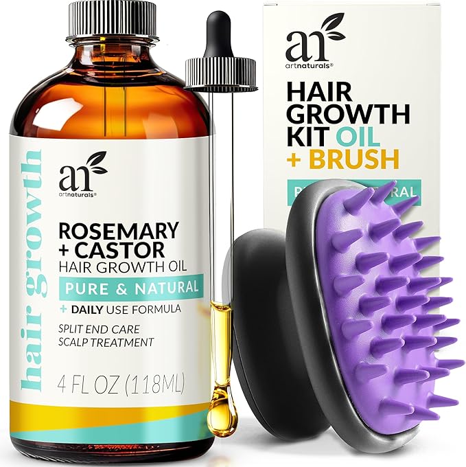 Artnaturals Organic Rosemary Castor Hair Oil + Scalp Massager Hair Growth Set Hair Growth Oil 118ml ounces with Coconut & Olive Oil for Dry, Damaged & Split End